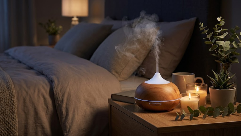 Ultrasonic diffuser misting on a calm bedroom nightstand with candles and greenery