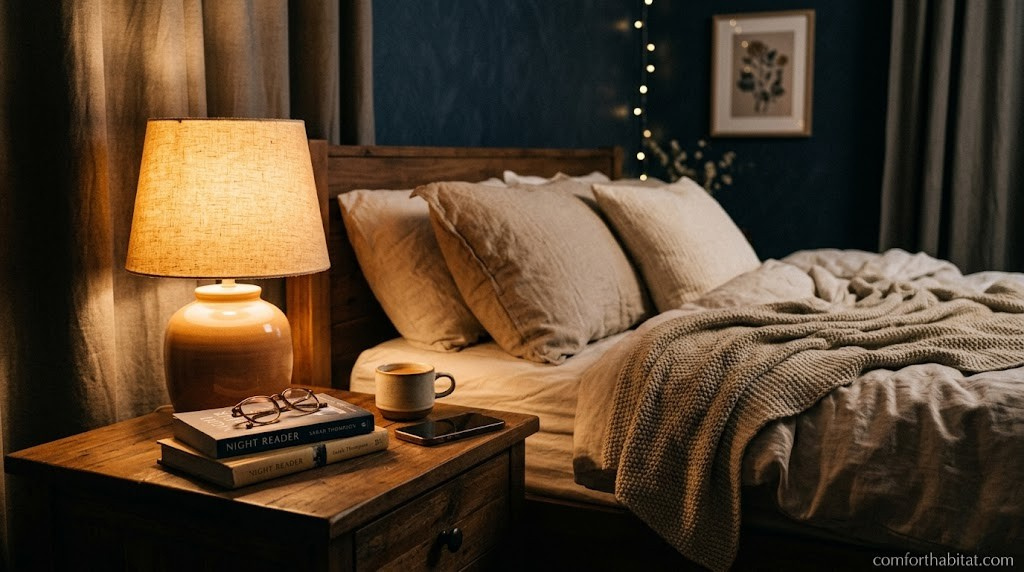 Cozy bedroom with warm bedside lamp and comfortable bedding