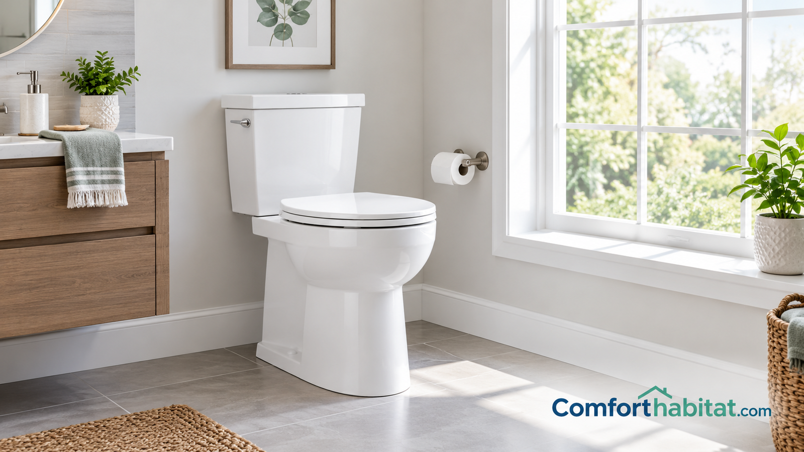 Modern bathroom with a tall comfort height toilet beside a window and natural light