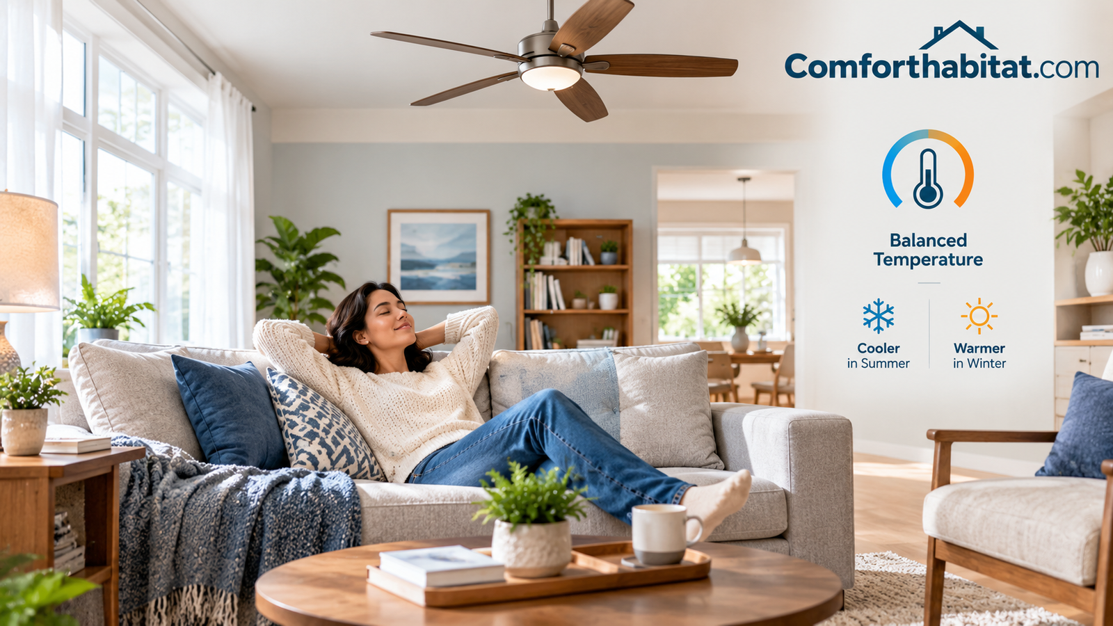 Person relaxing in a living room with balanced temperature, soft daylight and a ceiling fan overhead