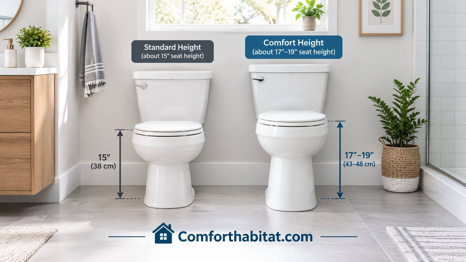Comfort height toilet next to a standard height toilet in a bright modern bathroom