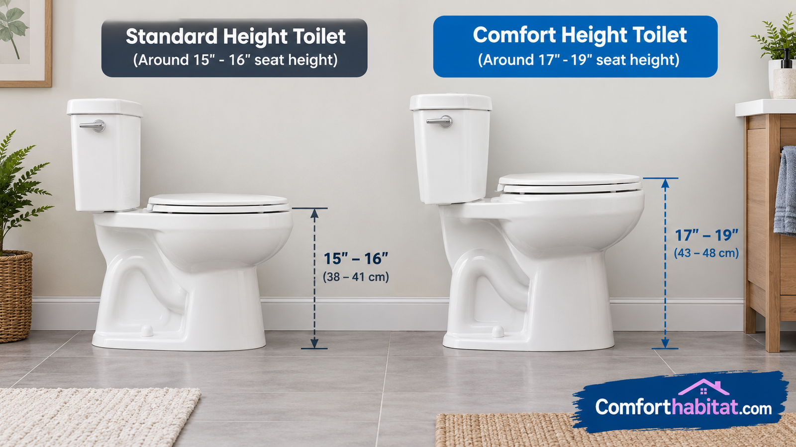 Side view comparing a standard height toilet with a taller comfort height toilet next to each other