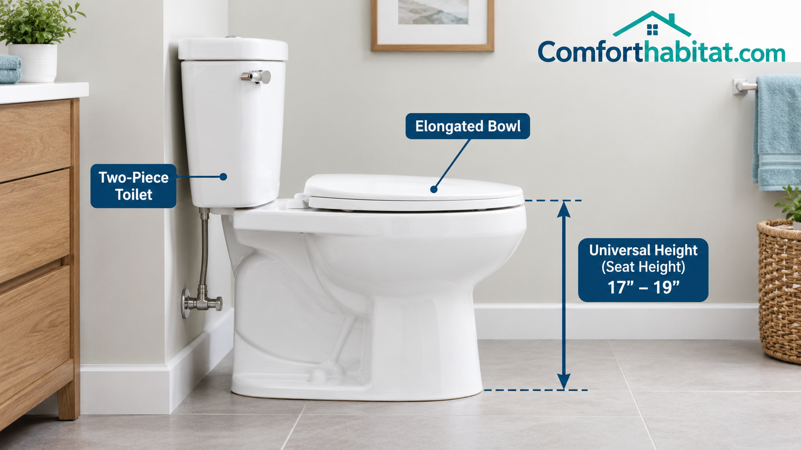 Two-piece elongated universal height toilet shown from the side to illustrate seat height