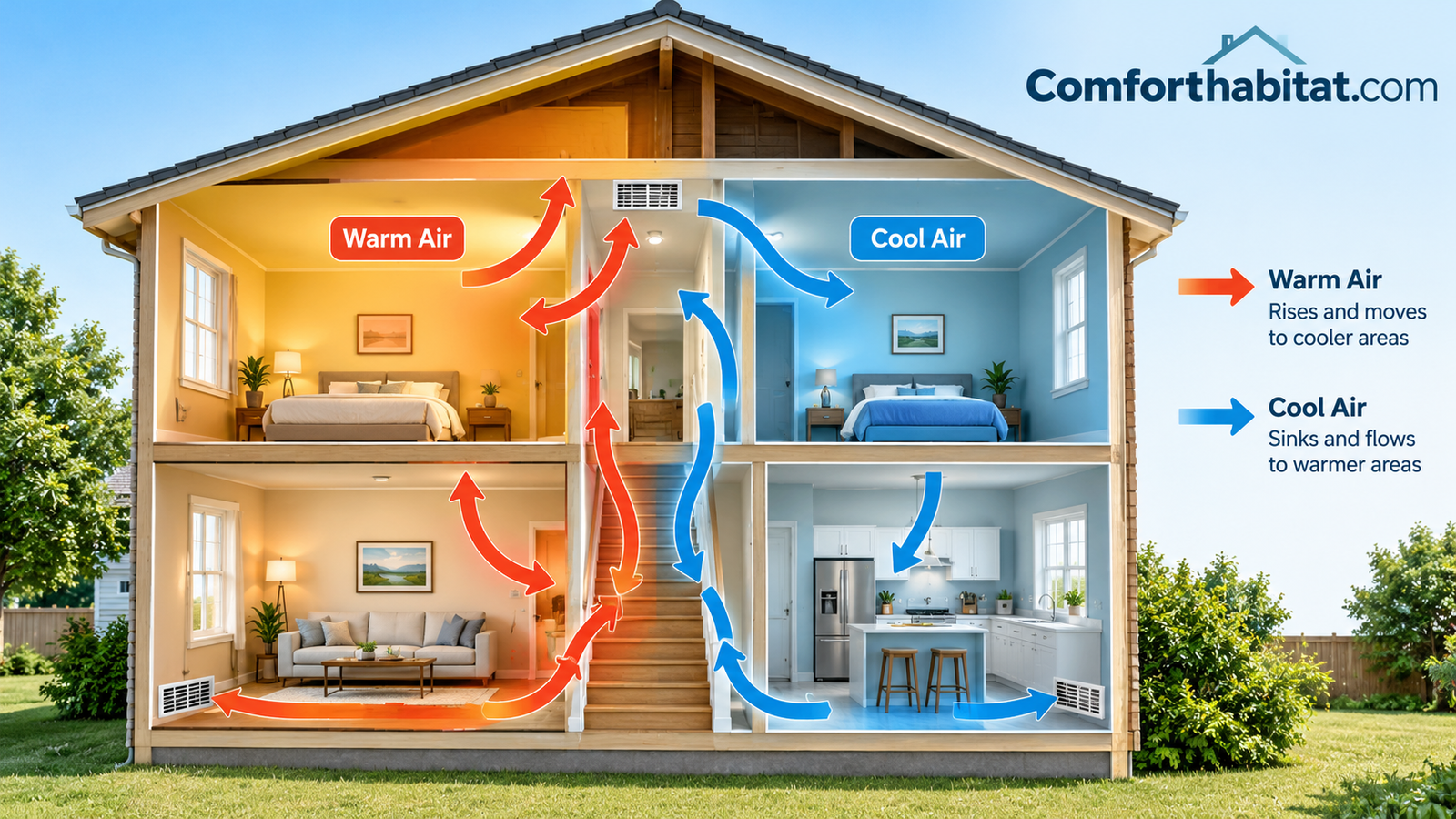 Cutaway illustration of a home showing warm and cool air movement between rooms